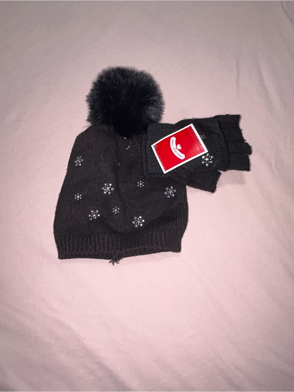 Kids Black Pom-Pom Beanie and Gloves Set with Rhinestone Accents